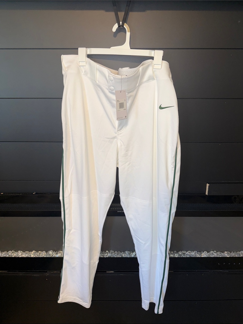 Nike White Baseball Pants with Green Side Piping